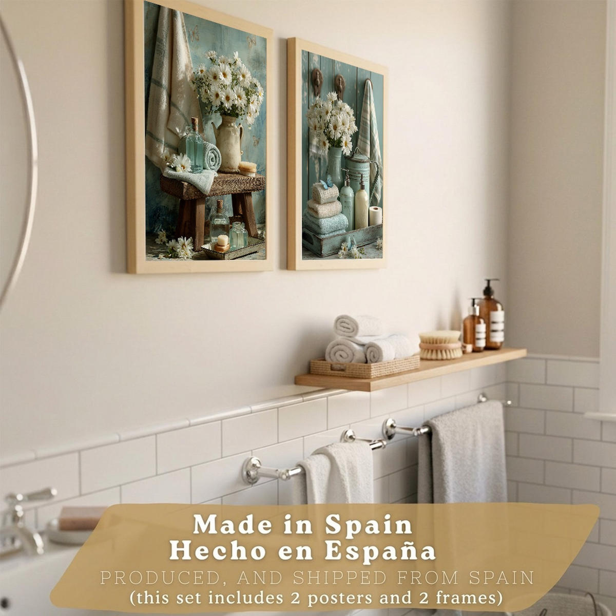 PLAKÁT Sada 2 dekorativních koupelnových tisků, květinové v shabby chic Světlý dřevěný rám A3 - béžová, papír (42/29.7/3cm) - Nacnic