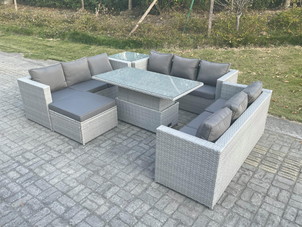 GARTENMÖBEL SET mit höhenverstellbarer Tisch Polyrattan Helles Grau 6-teilige - Hellgrau, Metall - Fimous
