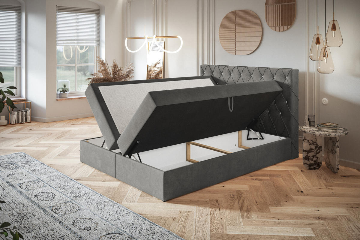 BOXBETT BOSTON mit 2 Bettkästen, 140x200, Farbe: Sand, Velourstoff, Doppelbett mit Bonell-Matratze - Sahara, Holz/Kunststoff (140/200cm) - Alpi-Möbel
