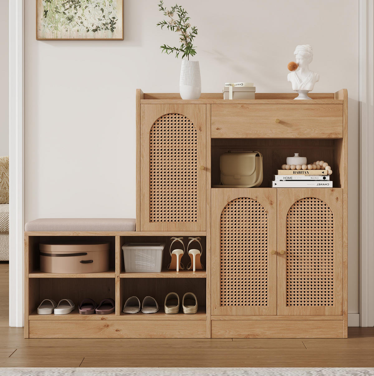 SCHUHSCHRANK aus Spanplatte 142x35x110cm in Natural mit Sitzbank - Naturfarben, Holzwerkstoff (142/110/35cm) - Modfu
