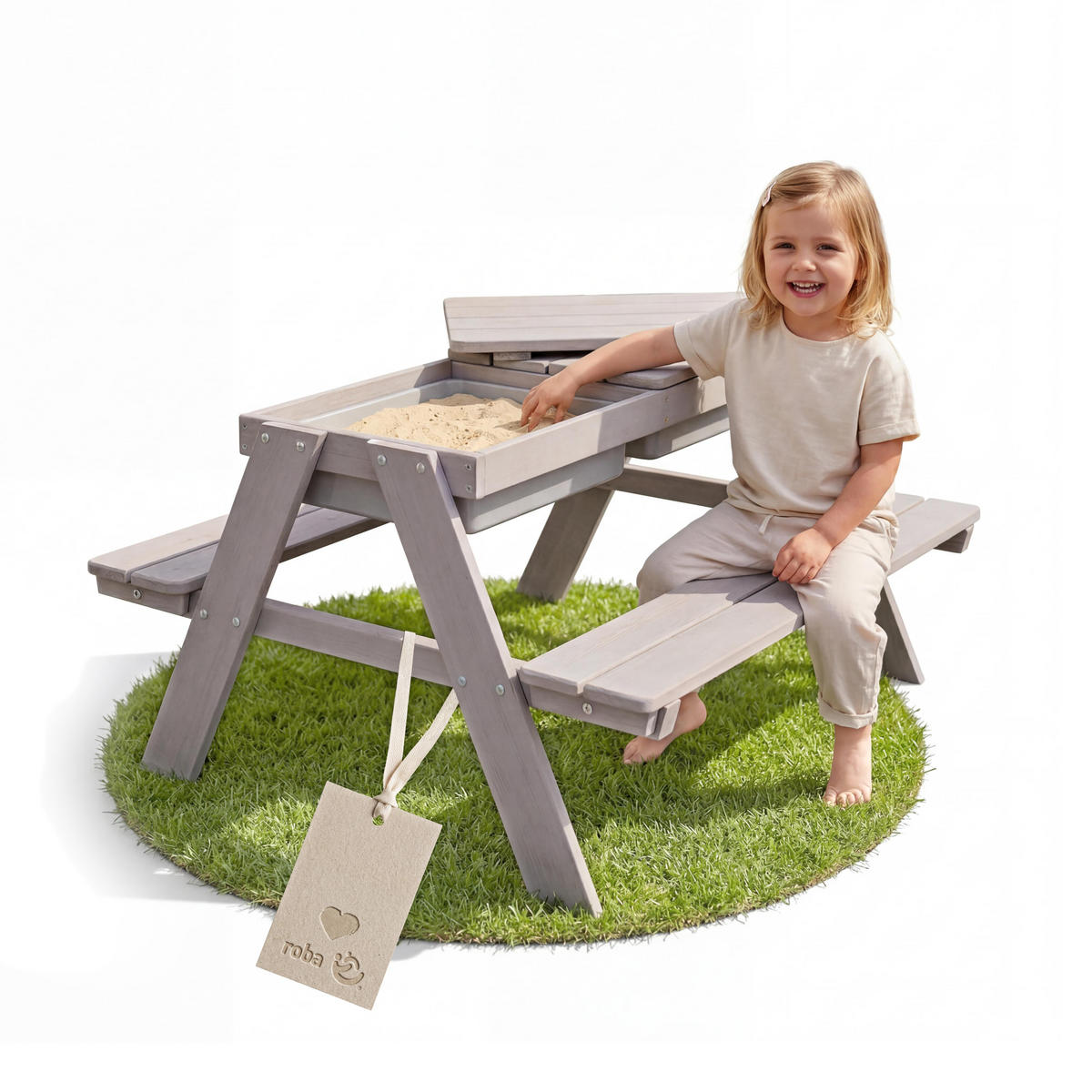 KINDERSITZGARNITUR OUTDOOR + mit Spielwannen und Bankkissen - Hellgrau, Holz - Roba