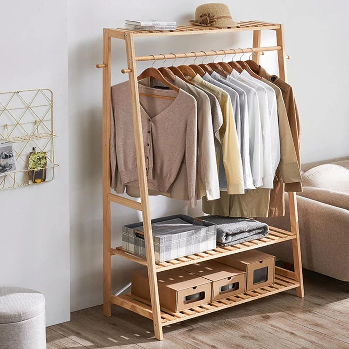 BAMBUS Kleiderständer mit Regal Natur - Gelb, Holzwerkstoff (80/165/43.5cm) - Kaket