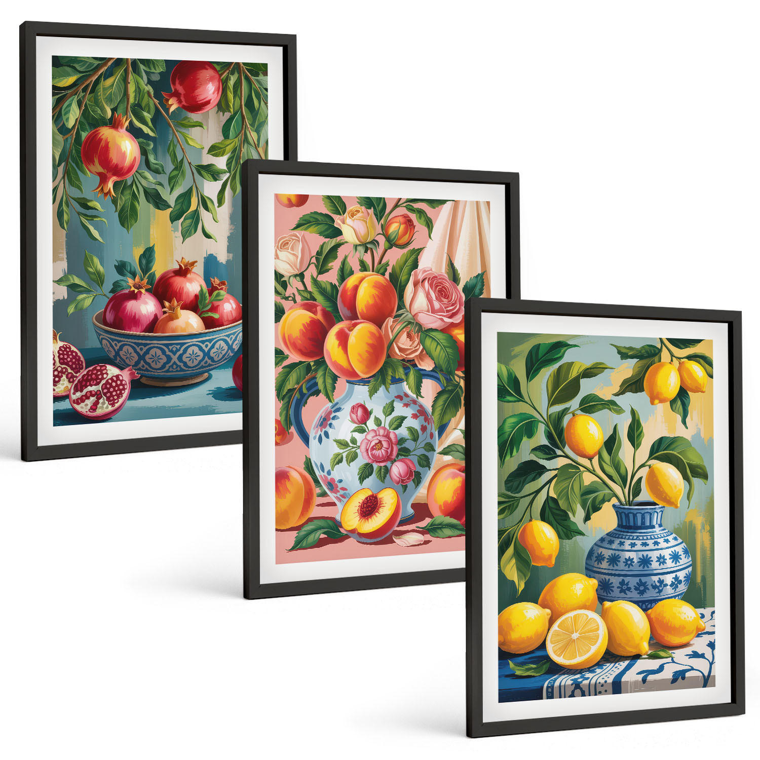 BILDER SET 3er Set - 40x60 cm Schwarzer Rahmen - Fruchtzusammensetzung von Granatäpfeln - Schwarz, Kunststoff (40/60cm) - TULUP