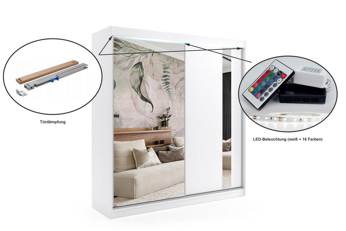 KLEIDERSCHRANK mit Spiegel-Schiebetüren und Aluminium-Leisten, LED-Beleuchtung - GRACE - 200 cm Weiß - Weiß, Holzwerkstoff (200/216/61cm) - ALTDECOR