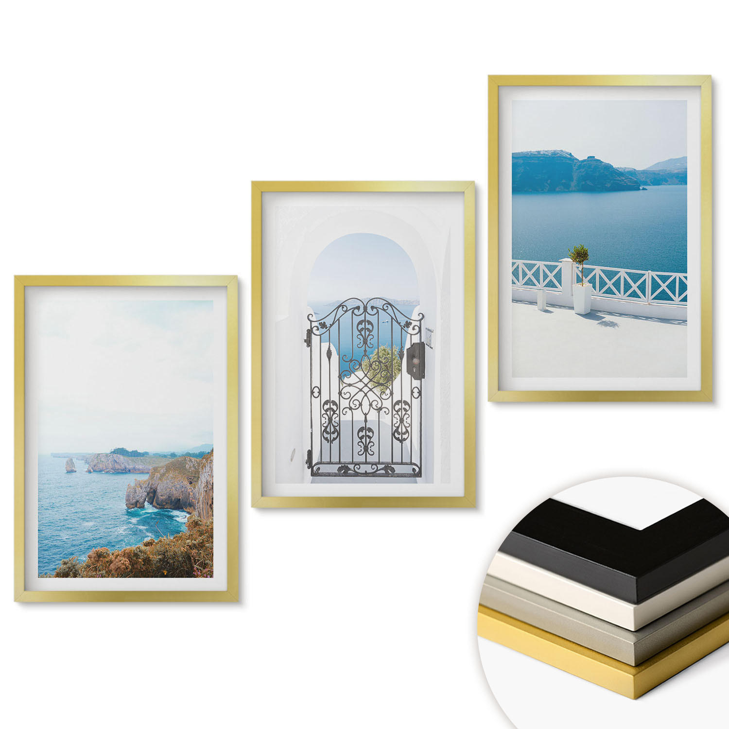 WANDBILDER 3er Set - 40x60 cm Goldrahmen - Meeresarchitektur Griechenlands - Goldfarben, Kunststoff (40/60cm) - ArtPrintCave