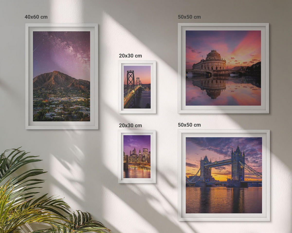 WANDBILDER 5er-Set - 50x50 cm & 20x30 cm & 40x60 cm Weißer Rahmen - Brücken, Sonne, Stadtblick - Weiß, Kunststoff (40/60cm) - ArtPrintCave