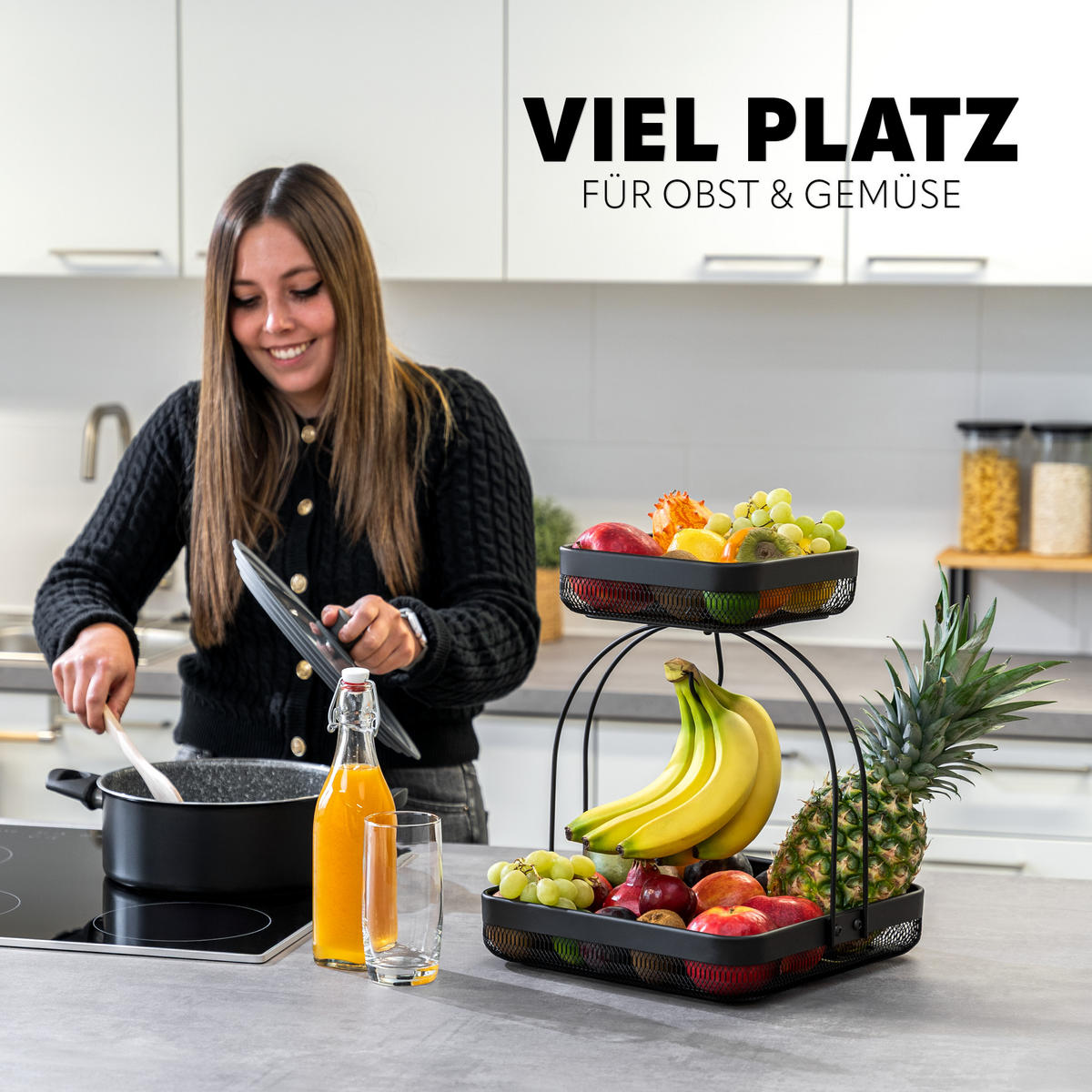 OBSTETAGERE mit Bananenhalter, schwarz, eckig - Schwarz, Metall (31/38.5cm) - eluno