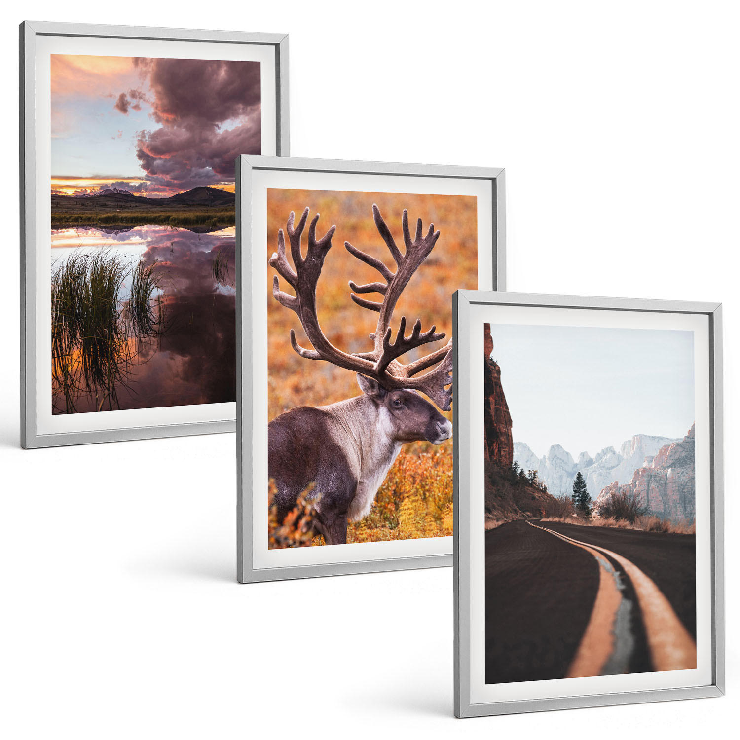 BILDER SET 3er Set - 40x60 cm Silberner Rahmen - Berglandschaften mit Rentieren - Silberfarben, Kunststoff (40/60cm) - TULUP