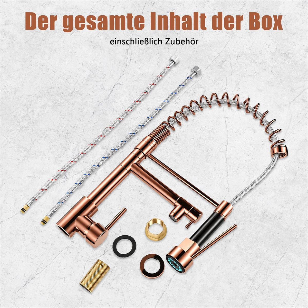 KÜCHENARMATUR ausziehbar mit Federführung 360° drehbar Spültischarmatur Mischbatterie - Roségold - Roségold, Metall (17.5/46/4.5cm) - DELFA