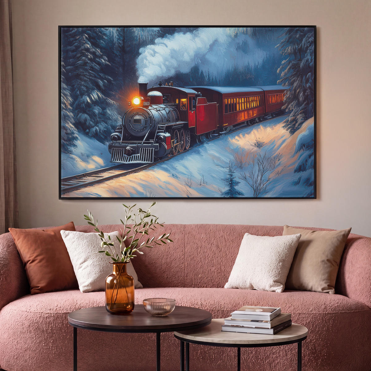 LEINWAND Bilder mit Rahmen - Zug - Weihnachten - Schnee - Weihnachtszug - 140x90 - Anthrazit, Textil (140/90cm) - MuchoWow