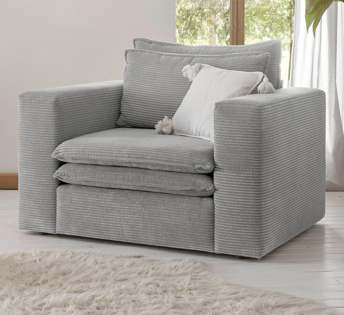 SESSEL hellgrau Cord, Loungesessel 110 cm - Beige/Hellgrau, Holz/Kunststoff (110/83/91cm) - Furn.Design