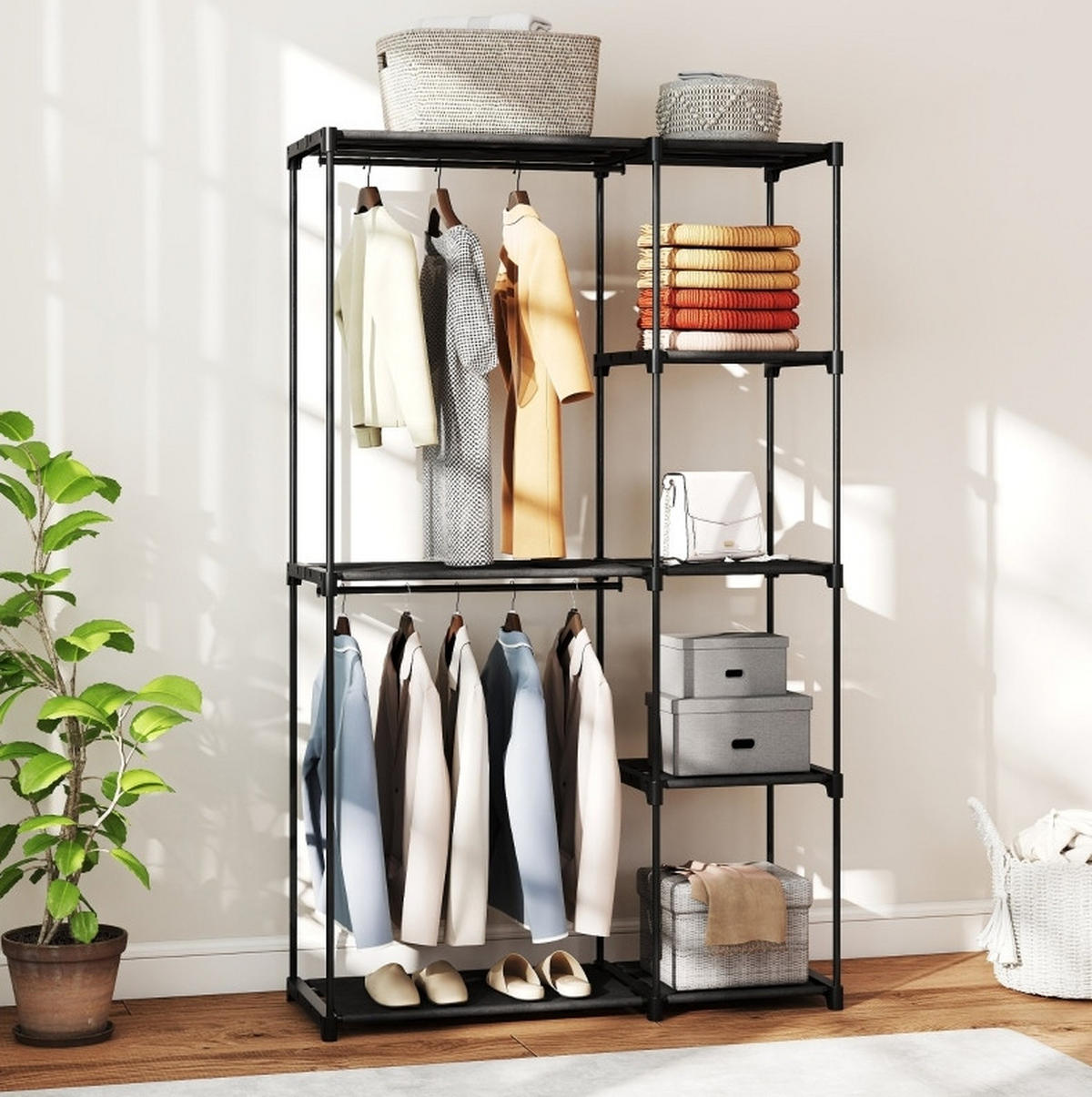 KLEIDERSCHRANK 111/185/43 cm Schwarz aus Stahl mit Kleiderstangen und Ablagen - Schwarz, Metall (43/185/111cm) - OKMYHOME