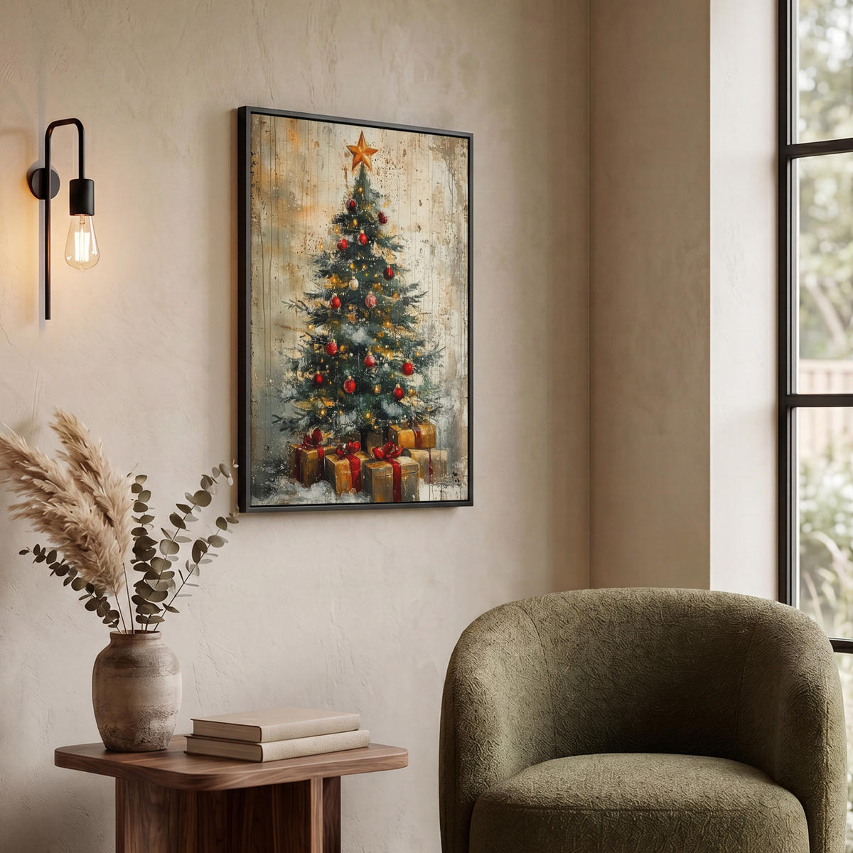 LEINWAND Bilder mit Rahmen - Weihnachtsbaum - Vintage - Weihnachten - Geschenk - 60x80 - Rostfarben, Textil (60/80cm) - MuchoWow