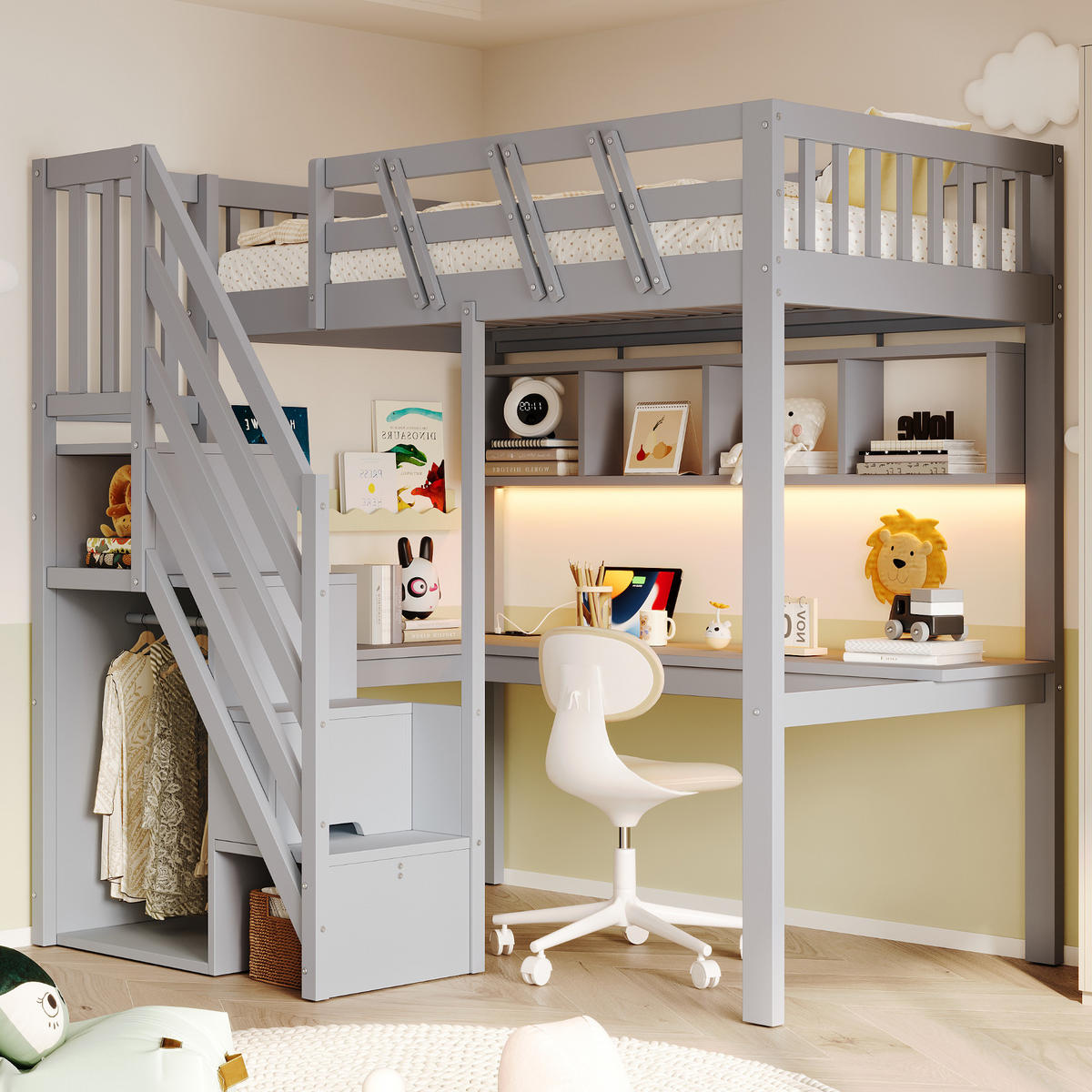 HOCHBETT 90/200 cm mit Stauraumtreppe und Schreibtisch, DE-01497, in Grau - Grau, Holzwerkstoff (90/200cm) - ComfortXL
