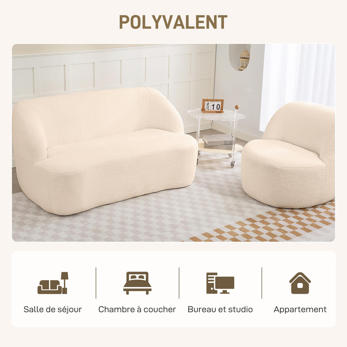 SOFA, 2-Sitzer, Bouclé-Stoff, 142cm, geschwungene Rückenlehne, beige - Multicolor, Holzwerkstoff (142/73.5/85cm) - FORIOUS