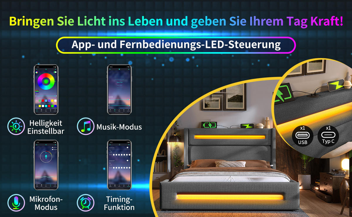POLSTERBETT 160x200cm mit LED Beleuchtung und Stauraum - Grau, Holzwerkstoff/Textil - Urban Meuble