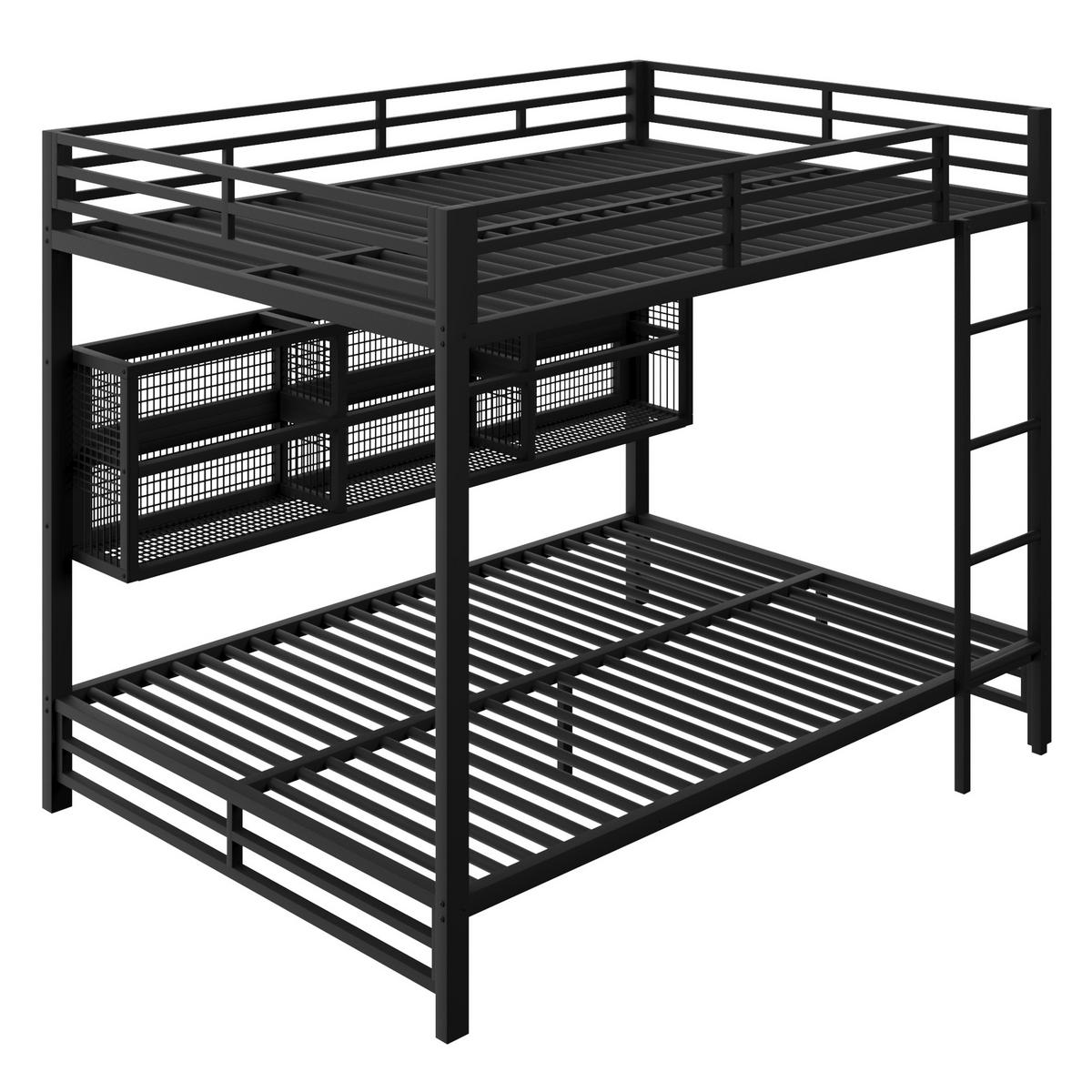 ETAGENBETT 140/200 cm schwarz aus Metall mit Stauraumschränken und LED - Schwarz, Metall (140/200cm) - OKWISH