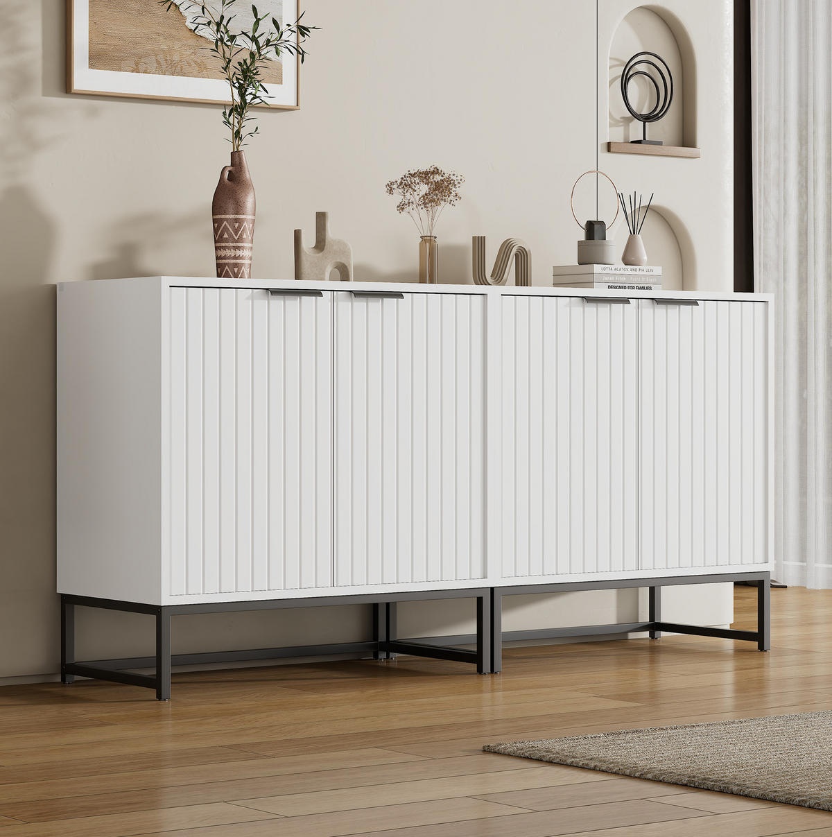 SIDEBOARD aus Spanplatte 160x40x80 cm Weiß mit Wellentüren, Metallgriffen und viel Stauraum - Weiß, Holzwerkstoff (160/80/40cm) - Modfu