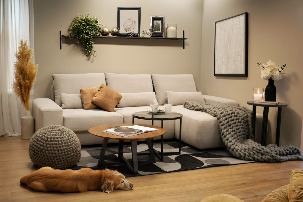 ECKSOFA Carnos mit wasserabweisendem Chenille-Bezug in Cremeweiß - Ecru, Textil (264/162cm) - Selsey