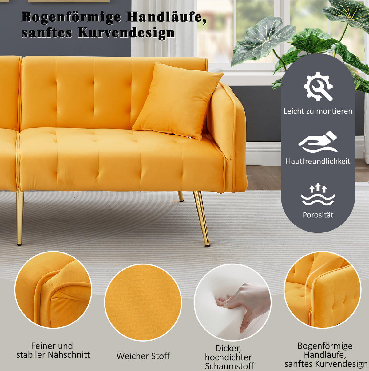 SOFABETT Samt mit verstellbarer Rückenlehne und Armlehnen Gelb 178/82/70 cm - Gelb, Textil (82/70/178cm) - Redom