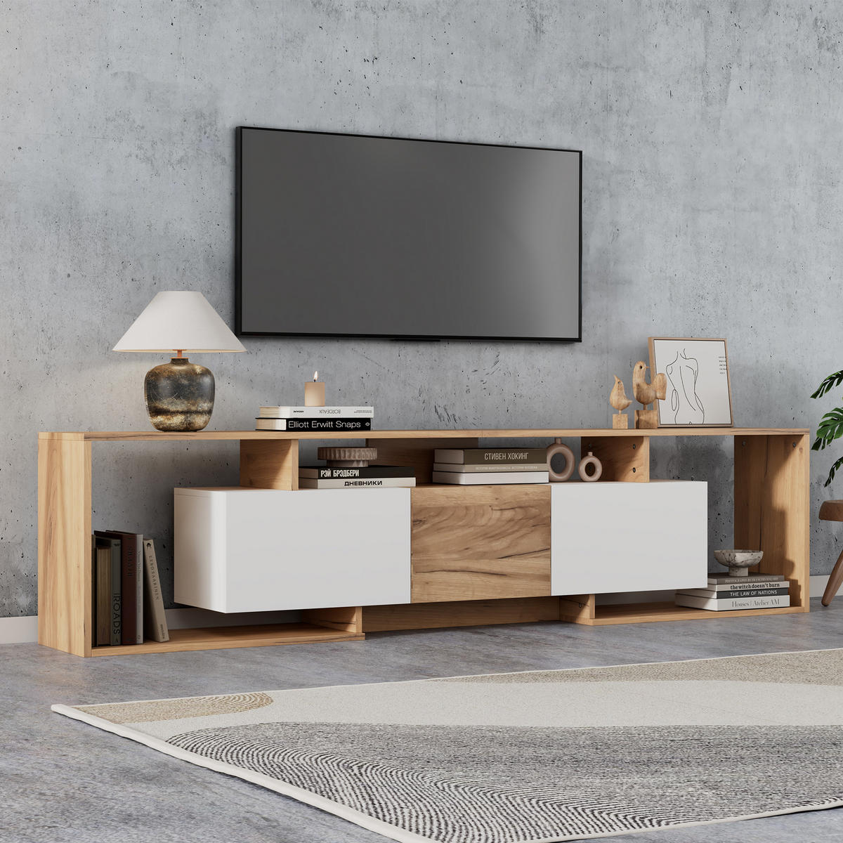 LOWBOARD in Weiß und Naturfarben mit 2 Klapptüren für Wohnzimmer, B180/T30/H49 - Weiß, Holzwerkstoff (180/49/30cm) - STILVORA