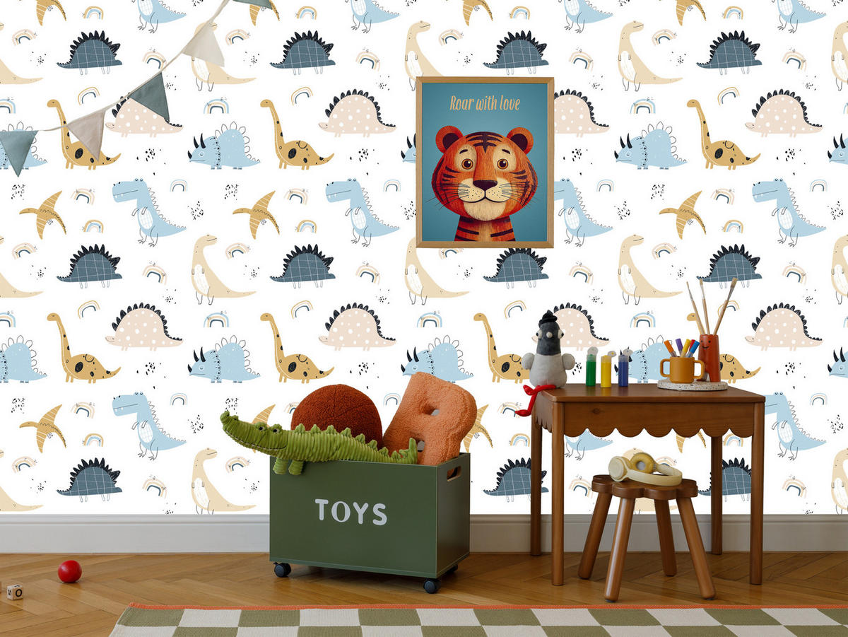 VLIESTAPETE Pastell-Dinosaurier – Blau, Beige, Weiß – 50x1000 cm - Blau/Beige, Papier (50/1000cm) - Muralo