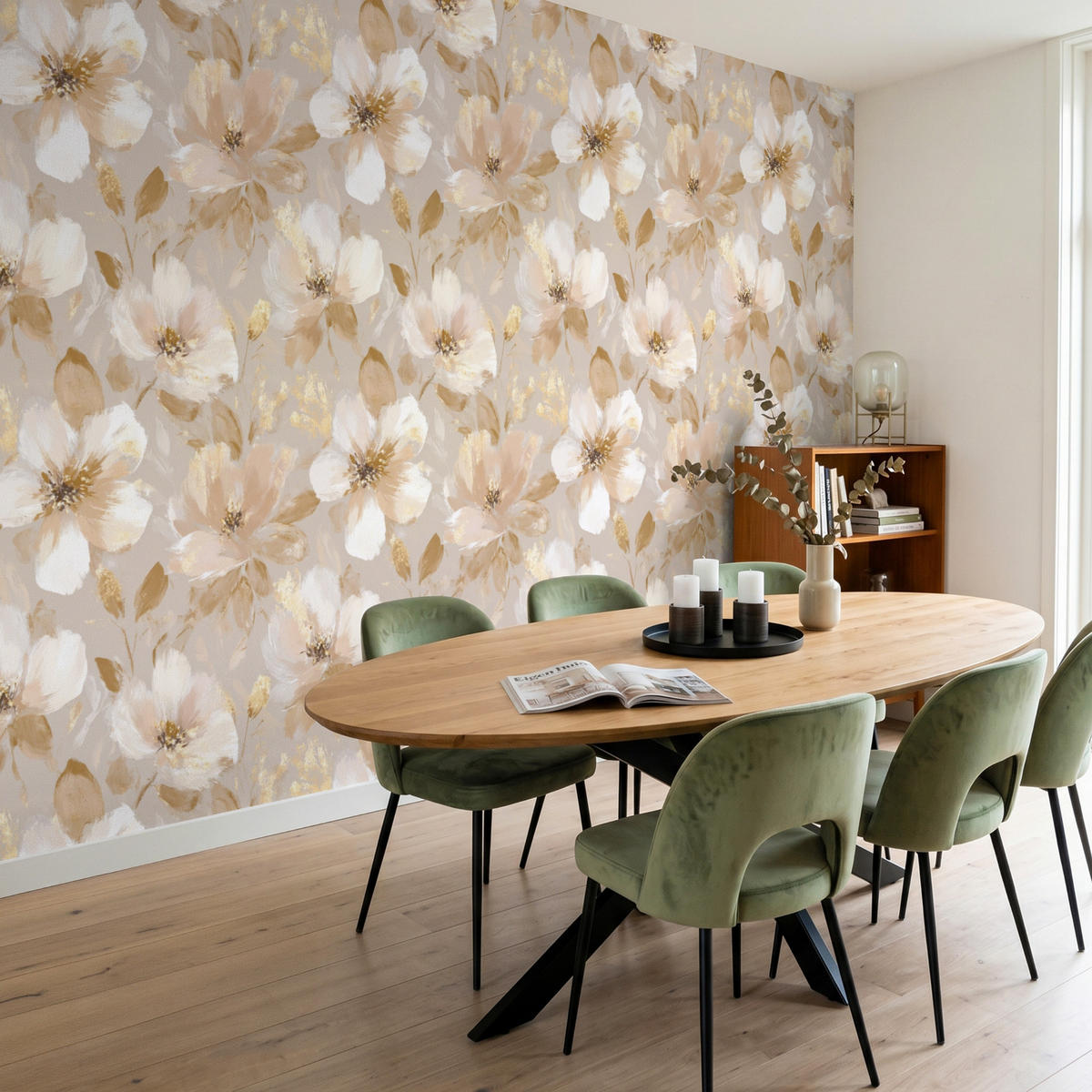 TAPETE - Blumen - künstlerisch - Gold - 300x200 cm - Beige, Papier (300/200cm) - OnlyWow