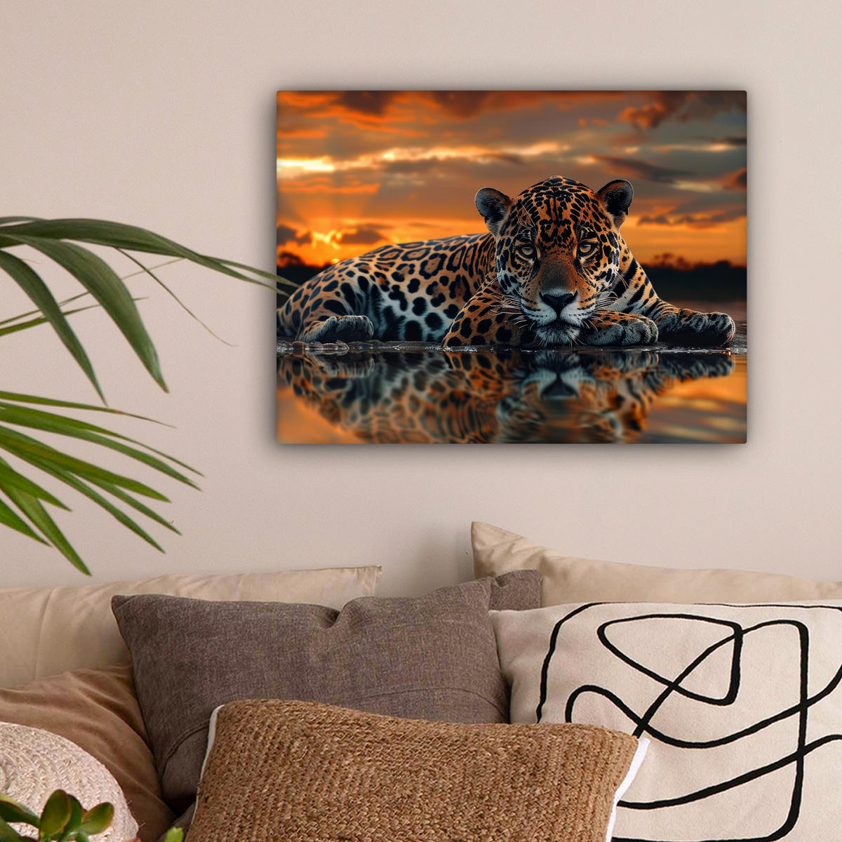 LEINWANDBILD Natur - Leopard - Tier - Sonnenuntergang - Modern 40x30 cm - Orange, Textil (40/30cm) - MuchoWow