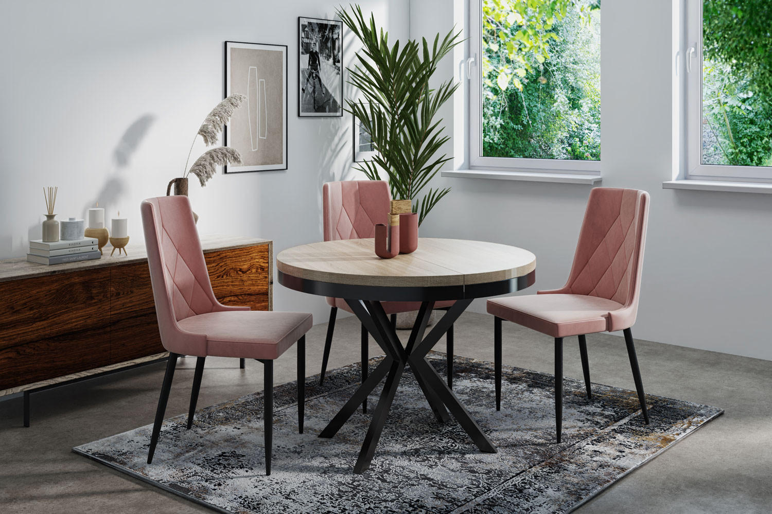 ESSTISCH Ross runder ausziehbarer, Sonoma Eiche 100-180/100/76 cm - Schwarz/Sonoma Eiche, Holzwerkstoff/Metall (100/100/76cm) - WFL GROUP