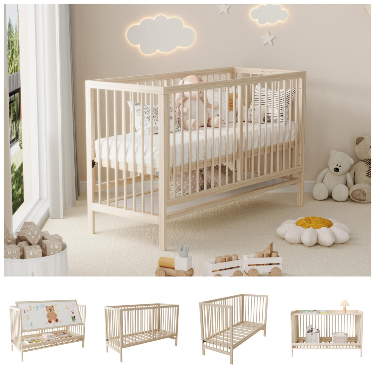 BABYBETT 140x60x90cm Natur Fichte Höhenverstellbar umwandelbar - Naturfarben, Holz - FLIEKS