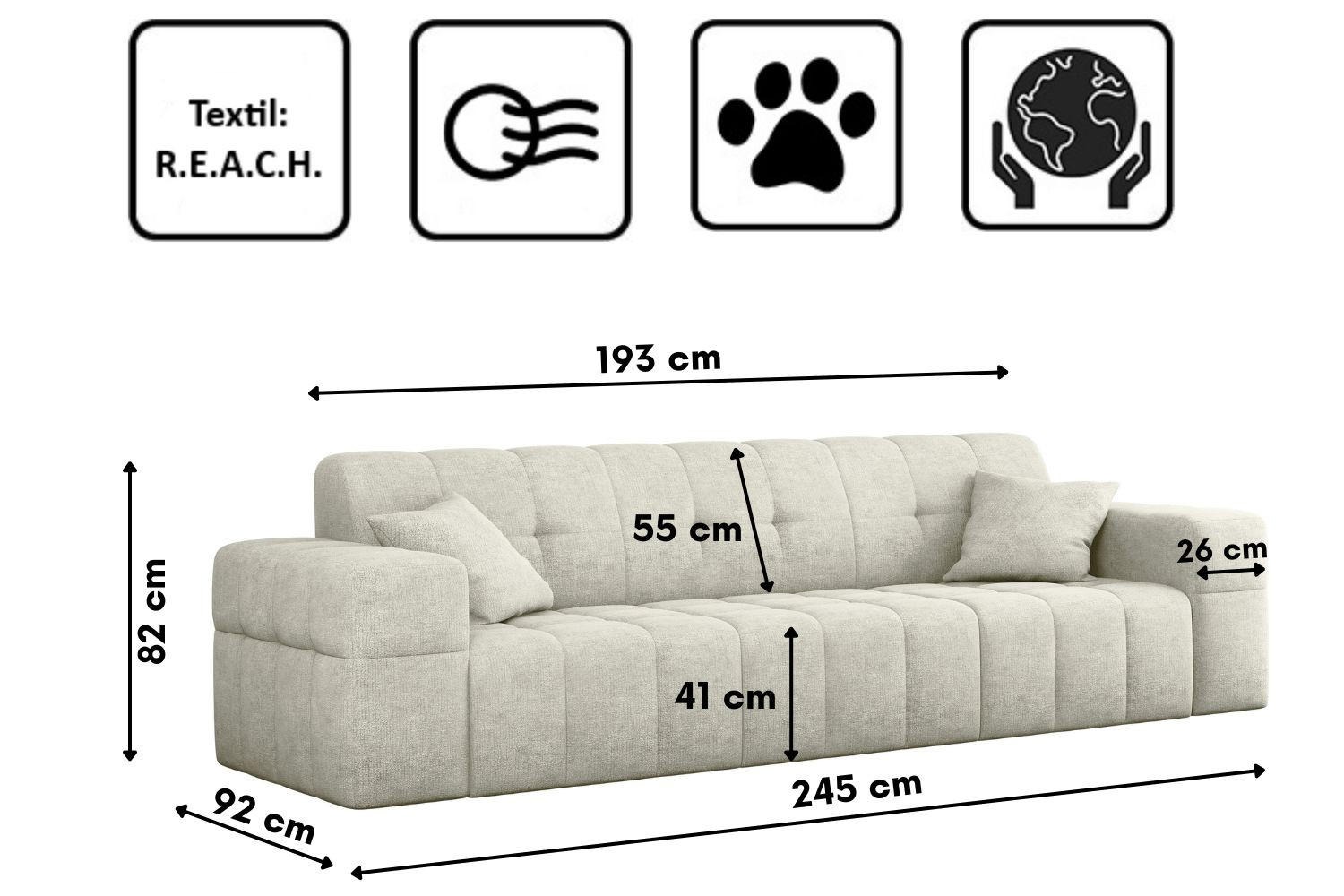 Thumbnail - Kaiser Möbel Sofa, Creme, Holz, nicht einzeln stellbar,Rechteckig, 245x82x92 cm, Reach, Wohnzimmer, Sofas & Couches, Sof...