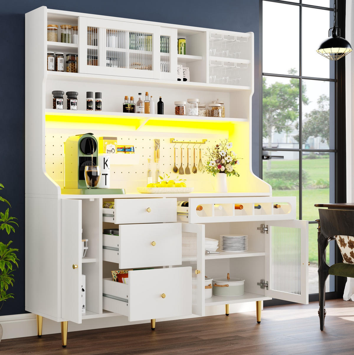 BUFFET 145/39/171 cm Weiß aus MDF mit LED und Weinregal - Weiß, Glas (145/171/39cm) - OKWISH