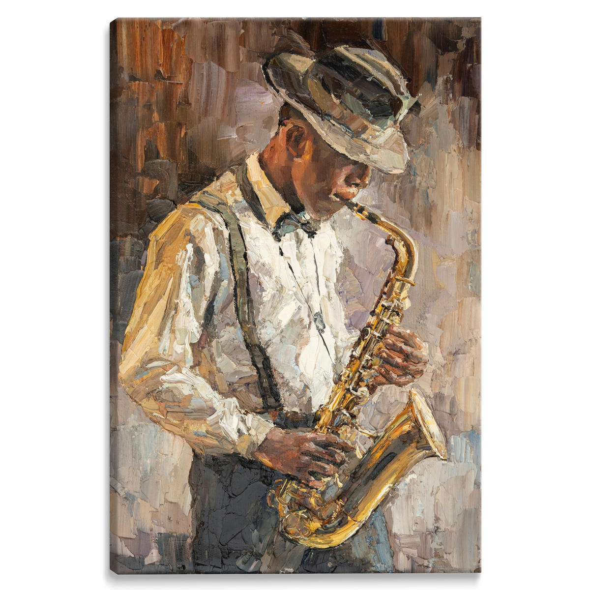 LEINWANDBILD Saxophonist Malerei Retro Stil 80/120 cm - Beige/Schwarz, Textil (80/120cm) - Muralo