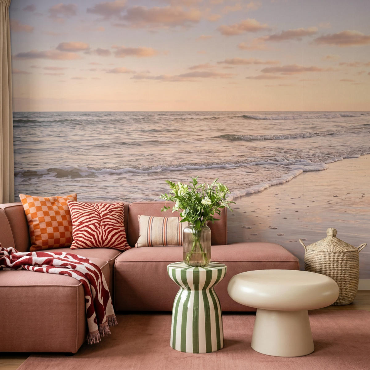 TAPETE - Strand - Brandung - Wolken - 260x200 cm - Hellrosa, Papier (260/200cm) - OnlyWow