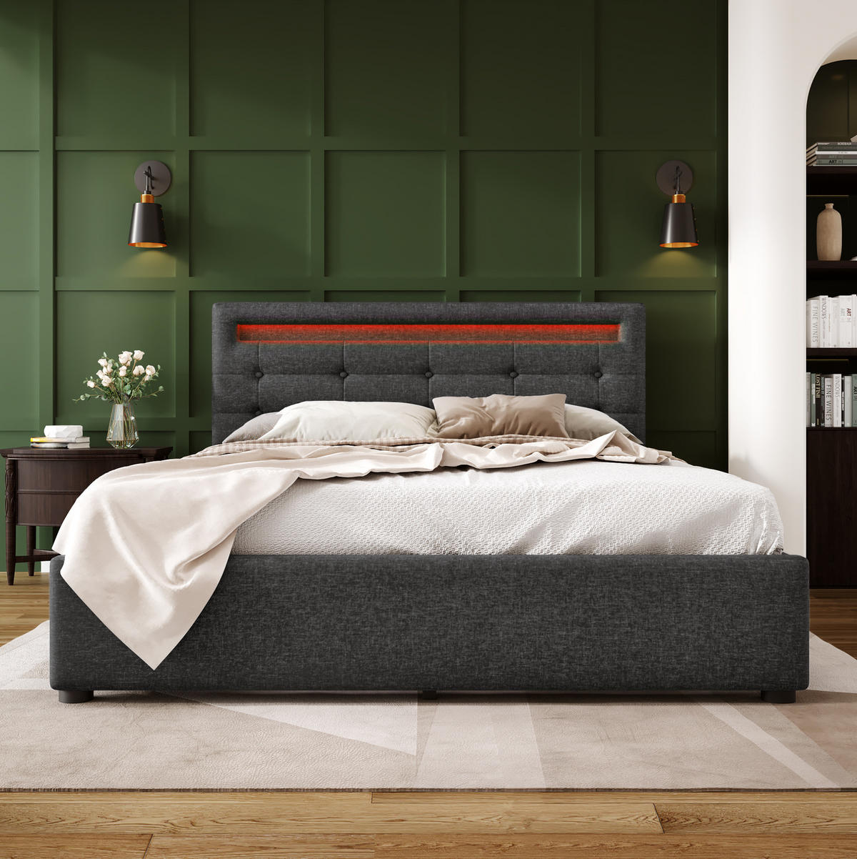 TAPECIRANI krevet 140/200 cm s LED osvjetljenjem, 4 ladice i podesivim uzglavljem, Siva - siva, tekstil (140/200cm) - Redom