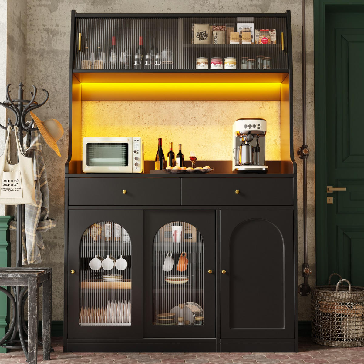 ANRICHTE Hochschrank 120/40/180 cm aus MDF und Holzwerkstoff mit LED-Beleuchtung Schwarz - Schwarz, Holzwerkstoff (120/180/40cm) - Modenvie