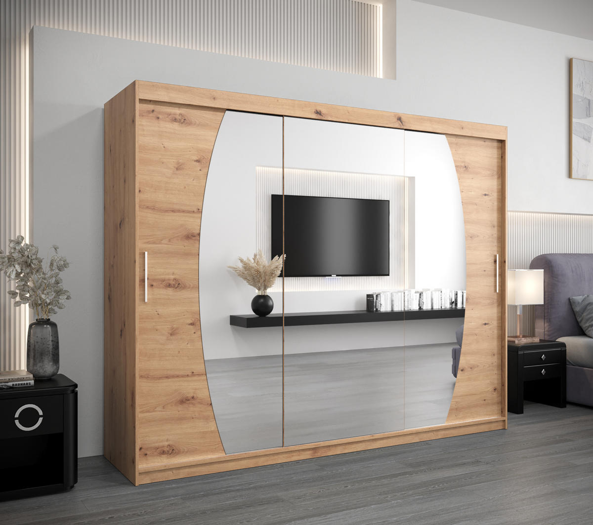 SCHWEBETÜRENSCHRANK 200/250/62 3-türig - Silberfarben/Eiche Artisan, Holz/Kunststoff (250/200/62cm) - Abiks Möbel