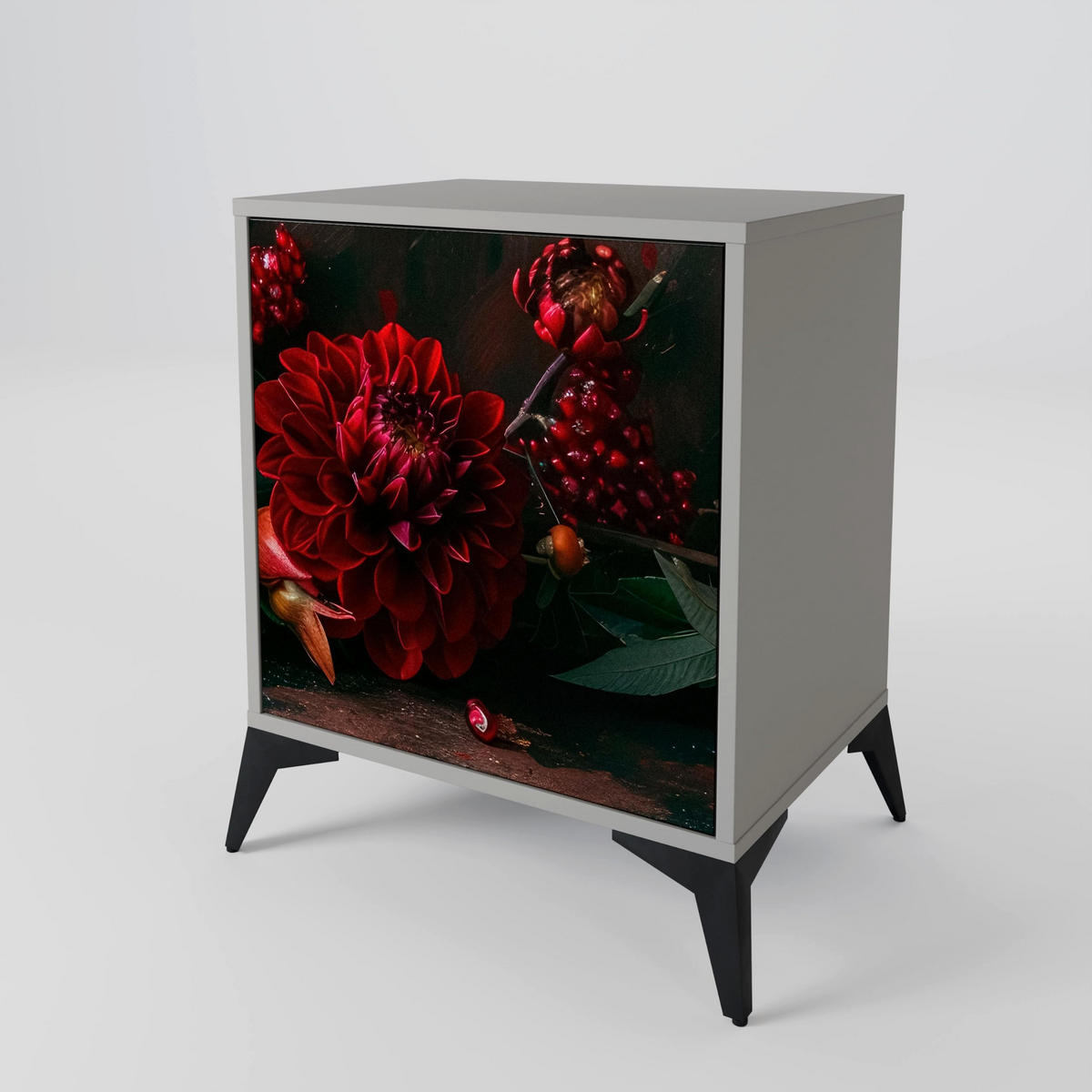 SIDEBOARD DAHLIAS AND POMEGRANATES, Grau, 57,5x42x77,5 cm, Schräge Buchenholzfüße - Buchefarben/Multicolor, Holzwerkstoff/Buchenholz (57.5/77.5/42cm) - SpaceRebels