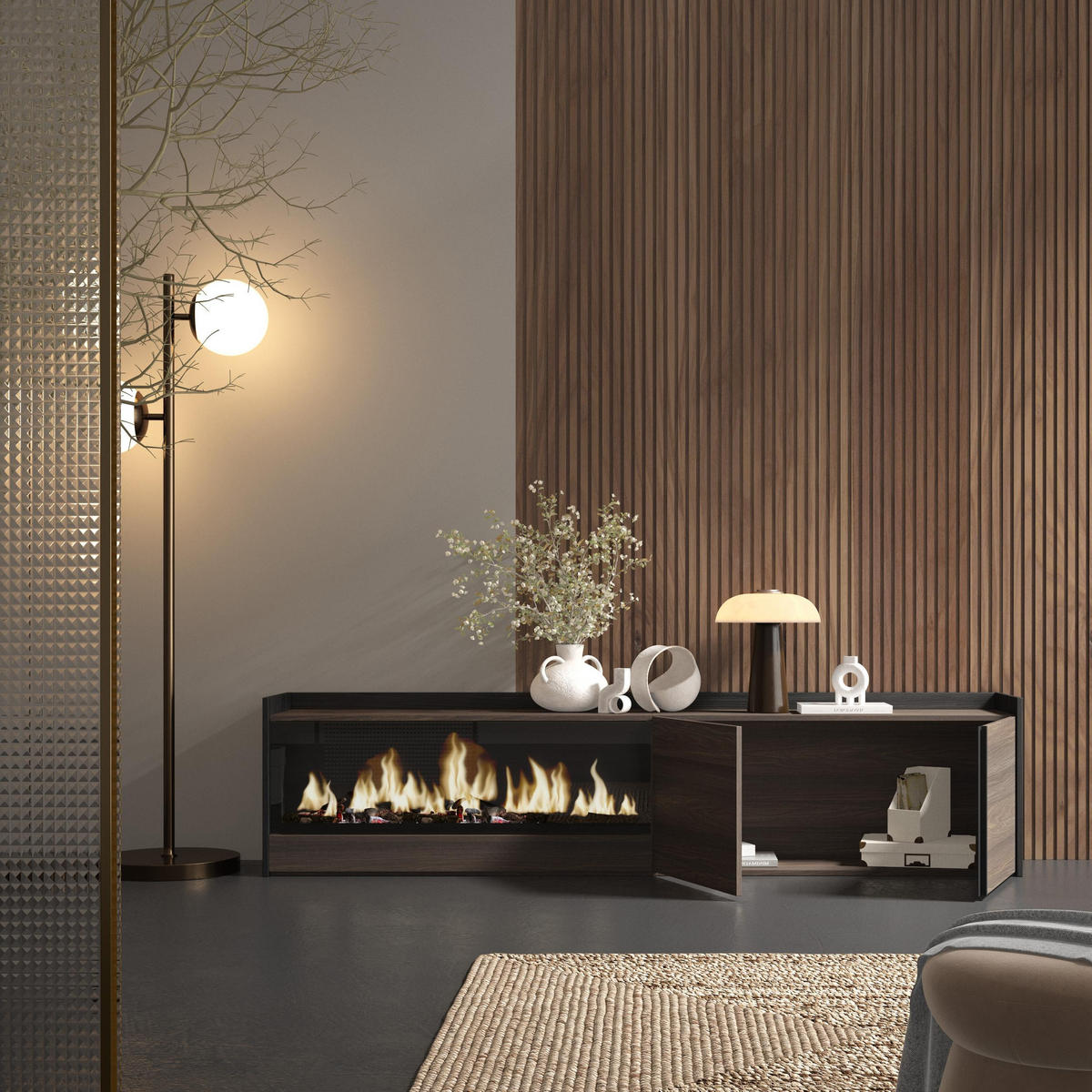 LOWBOARD, Dunkler Eiche und Schwarz, 212/35/50cm, Kamin mit Feuereffekt XXL - Dunkelbraun, Holzwerkstoff (212/50/35cm) - Skraut Home