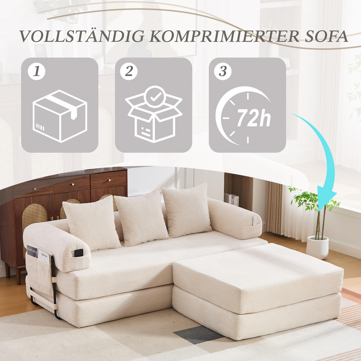 ECKSOFA Cord Beige mit Hocker und Kissen - Beige, Textil/Metall (218/285cm) - WISHDOR