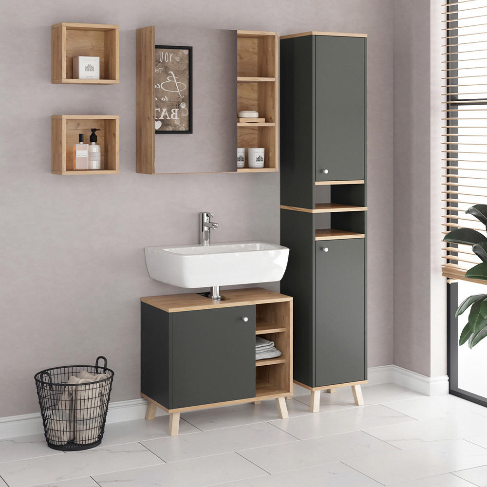 BADMÖBEL-SET Senyo Anthrazit 4 Teile, mit Hochschrank - Honigeiche/Anthrazit, Holzwerkstoff (62/54/32cm) - Vicco