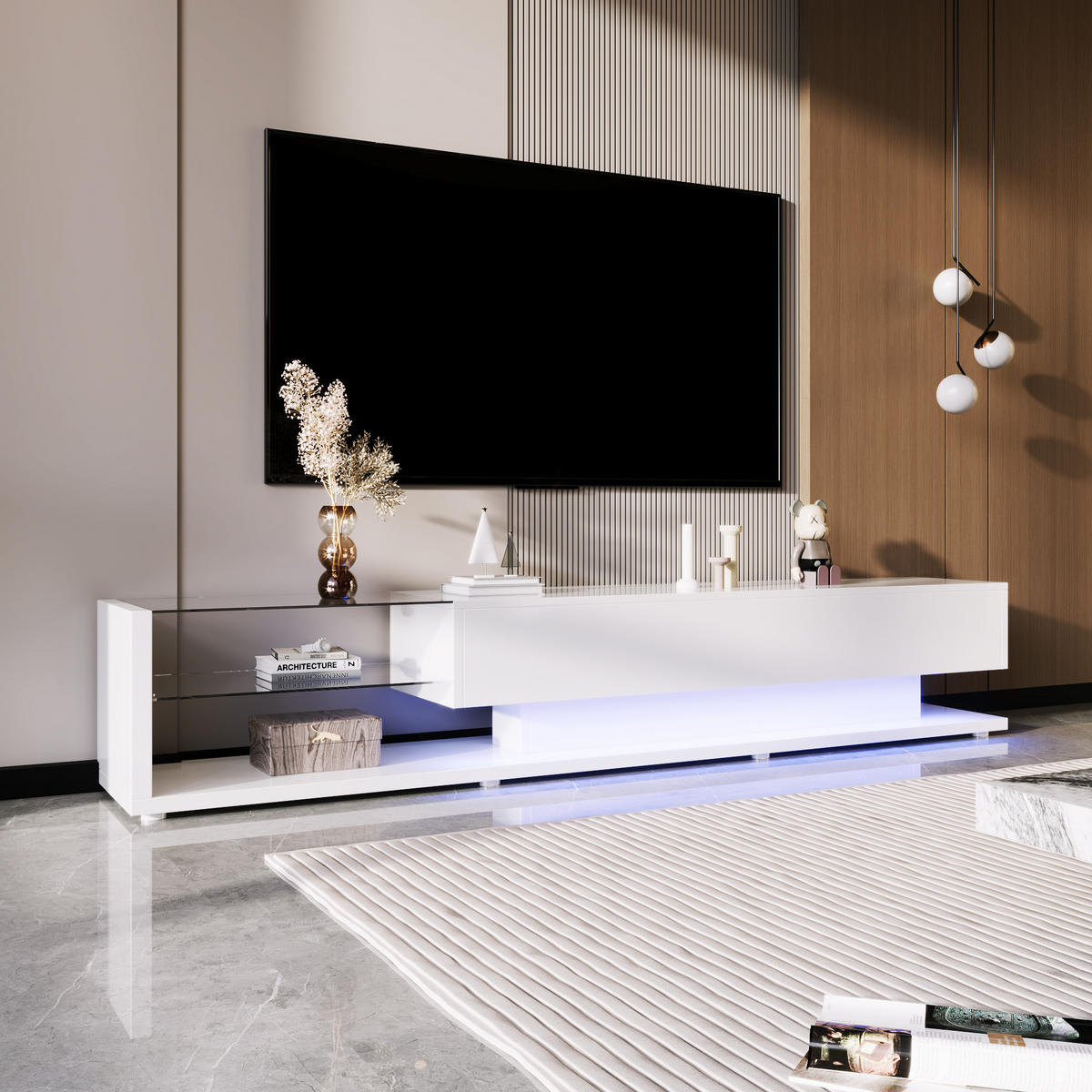 TV-SCHRANK 170/36/38 cm hochglänzend Weiß mit variablem LED-Beleuchtung und 2 Schubladen - Weiß, Holzwerkstoff (170/38/36cm) - OKWISH