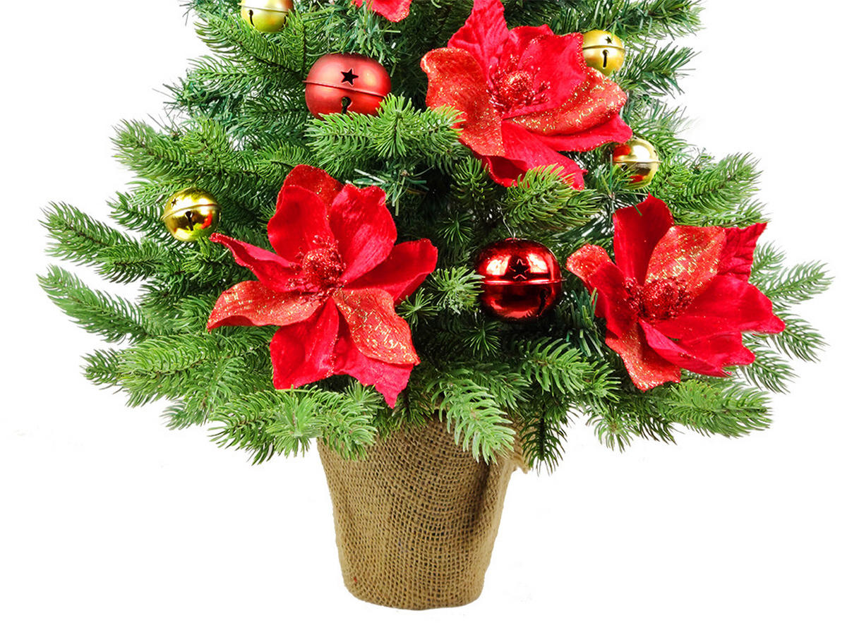 WEIHNACHTSBAUM künstlicher 60 cm mit LED-Beleuchtung, GLÖCKCHEN, mit 28 Weihnachtsbaumschmuck, Pflanztopf mit Jutesack - Rot/Goldfarben, Kunststoff/Stein (40/60cm) - LAALU