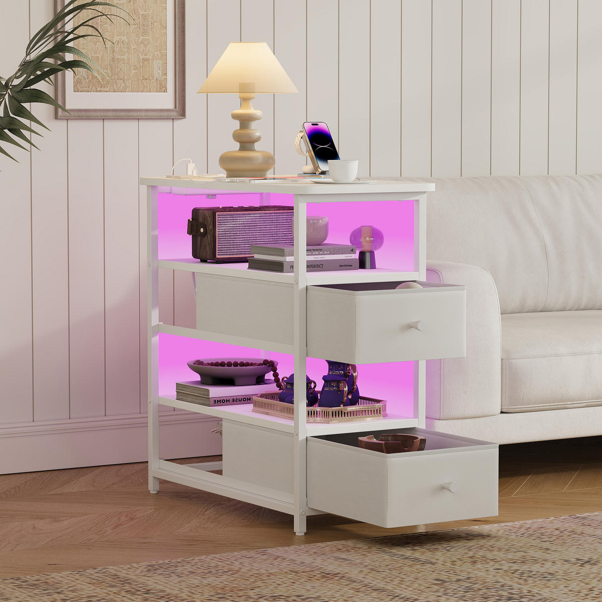 NACHTTISCH LED USB 2 Schubladen 2 Fächer weiß - Weiß, Holz (58/28/60.5cm) - LEBENLANG