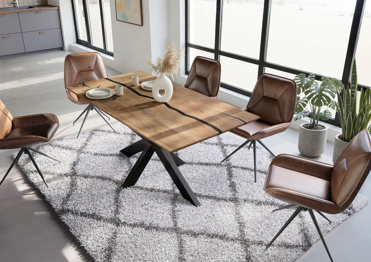 ESSTISCH Mango 180x90x74 natur lackiert / Epoxid schwarz, Kreuzgestell anthrazit matt EPOXY - Naturfarben, Holz (180/90/74cm) - Massivmoebel24