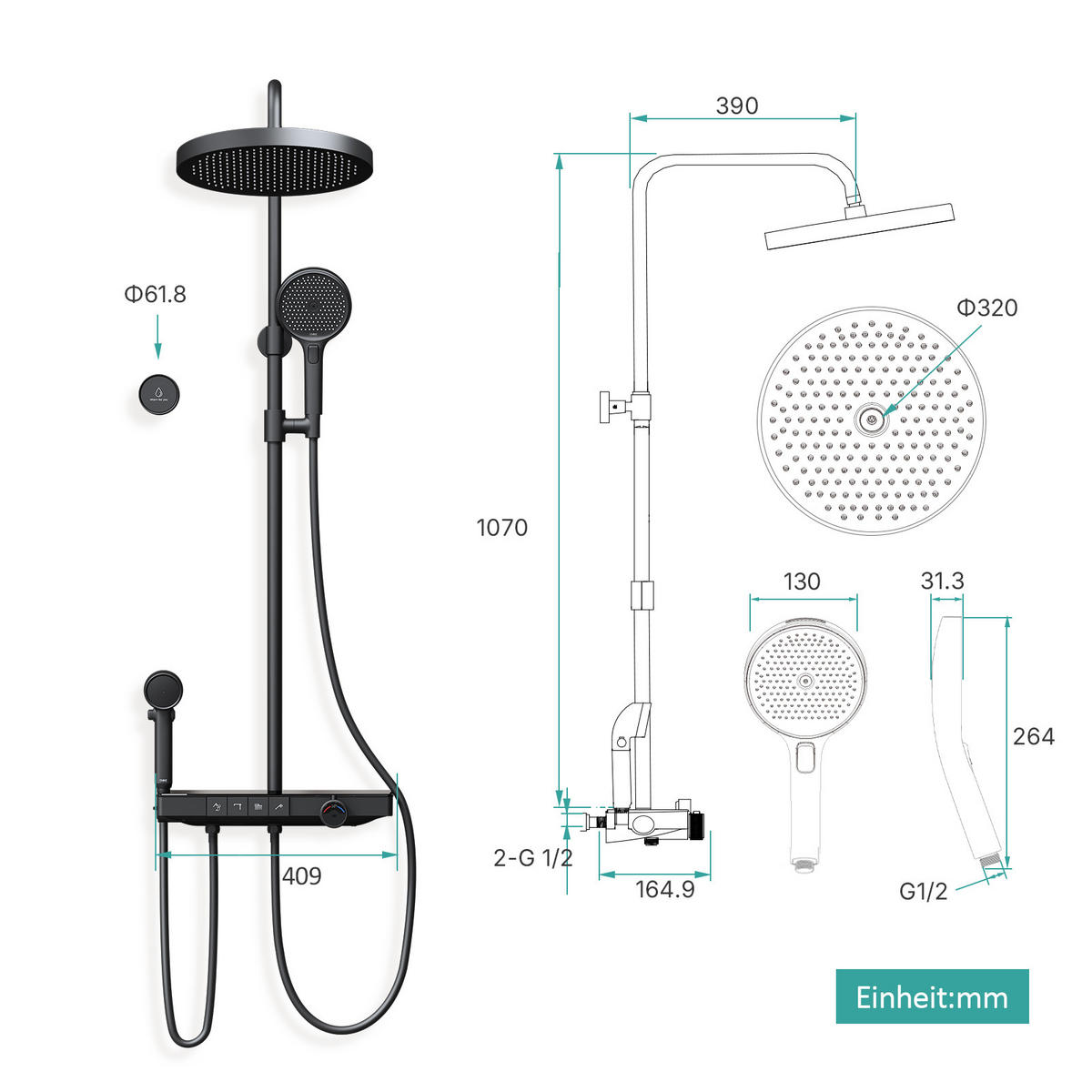 ÜBERKOPFBRAUSESET mit Handbrause Thermostat Vielseitig Schwarz - Schwarz, Metall (40/113/58cm) - EMKE