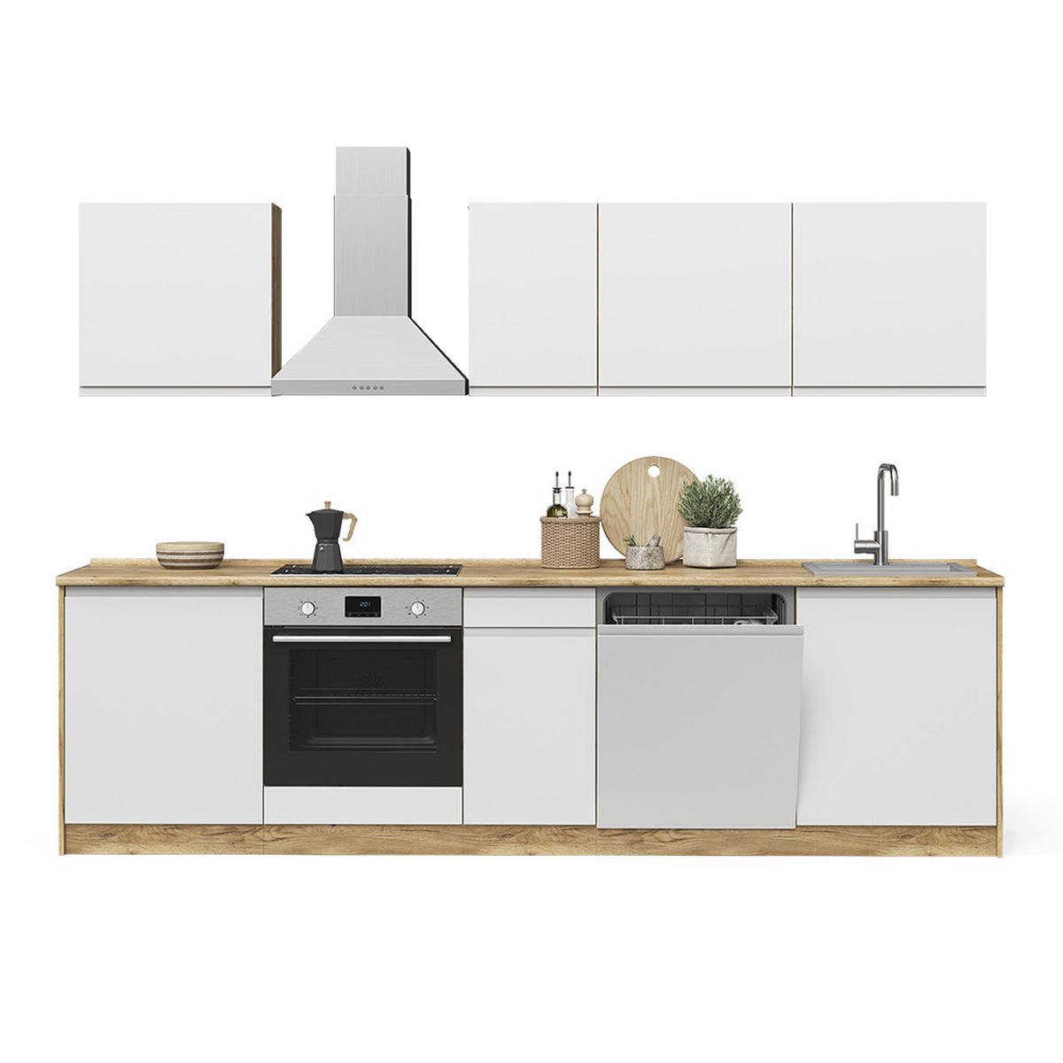 KÜCHENZEILE R-Line, Weiß/Goldkraft Eiche, 280 cm Arbeitsplatte Platin - Eichefarben/Weiß, Holzwerkstoff (280/206.8/60cm) - Vicco