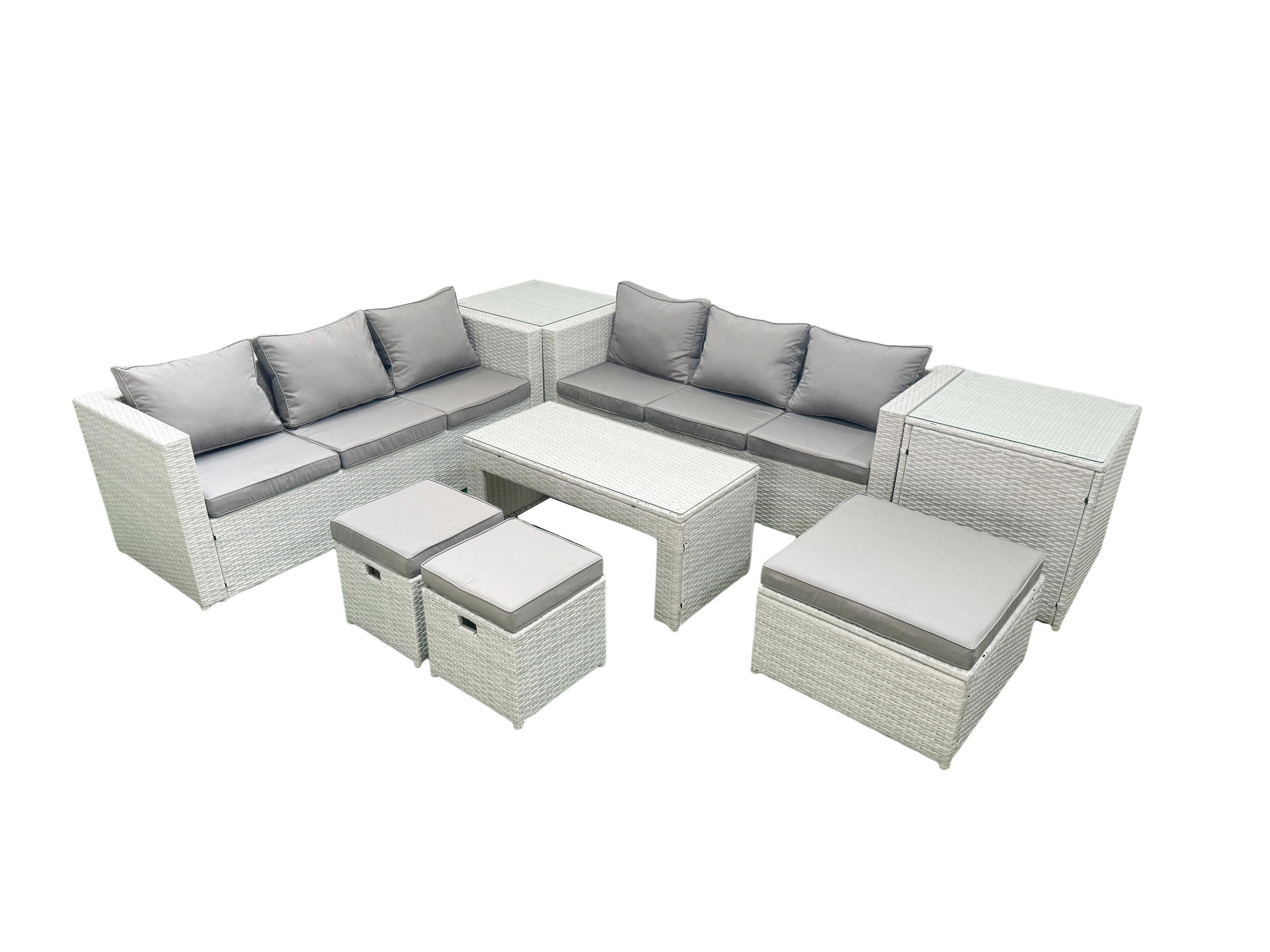 GARTENSOFA hohe Rückenlehne Polyrattan Hellgrau-Mix 9-Sitzer - Hellgrau/Grau, Glas/Kunststoff - Fimous