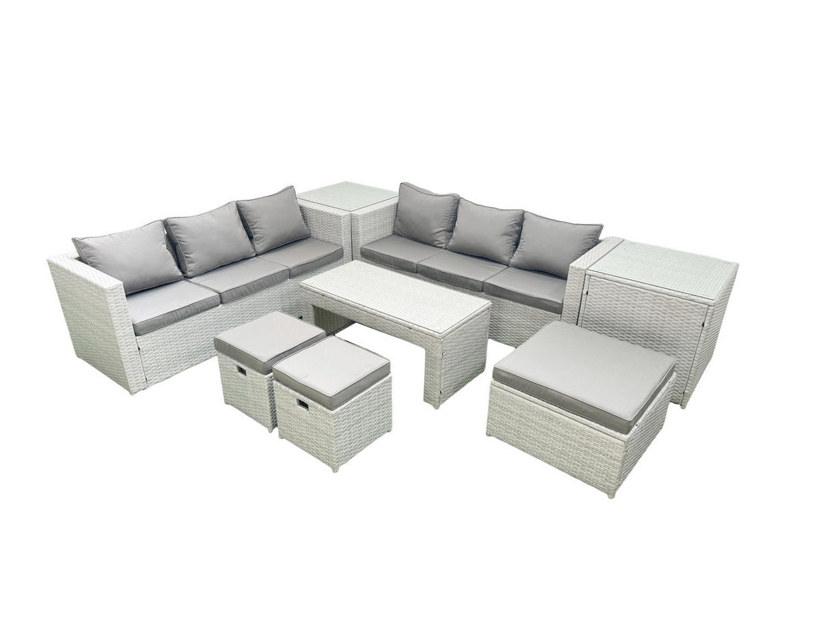 GARTENSOFA hohe Rückenlehne Polyrattan Hellgrau-Mix 9-Sitzer - Hellgrau/Grau, Glas/Kunststoff - Fimous