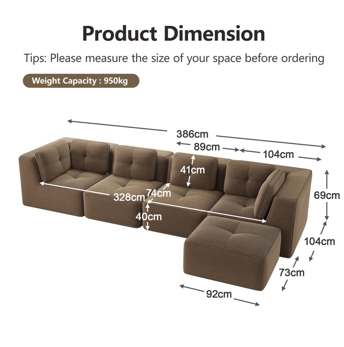 ECKSOFA 386/177/69 cm braun aus Cord mit modularem Design und rutschfestem Standfuß - Braun, Textil (177/386cm) - OKWISH